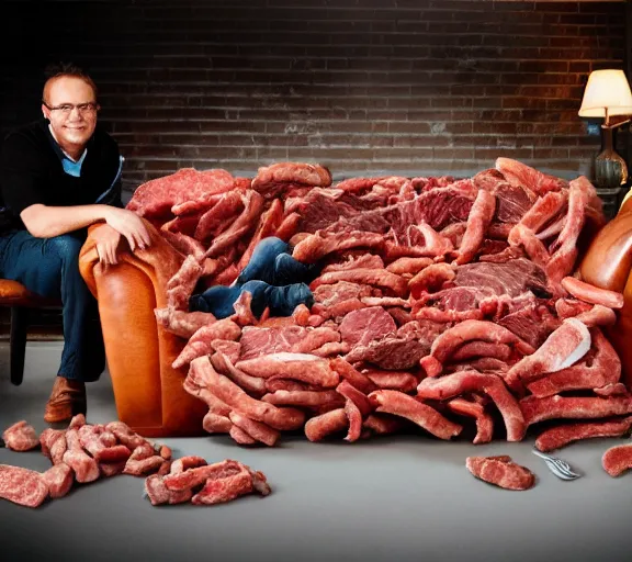 Image similar to realistic photograph of couch made out of meat, business men sitting on couch made out of meat and talking,