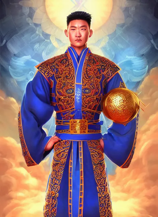 Prompt: male mongolian martial artist!!!! blue eyes!! intricate ornate blue robes!! character concept art, sharp focus, octane render! unreal engine 5! highly rendered!! trending on artstation!! detailed linework!! illustration by artgerm, wlop, and chie yoshii