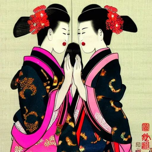 Prompt: two beautiful asian geishas kissing with no kimono