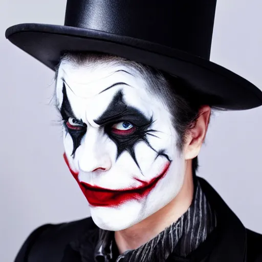 Image similar to a male model wearing a black leather hat in joker makeup, frontal view, cool looking