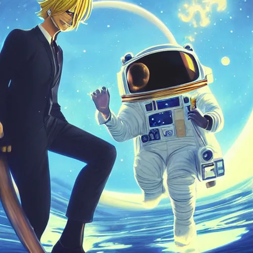 Image similar to sanji in a astronaut suit and sanji, black tuxedo, intricate, sanji, highly detailed, digital painting, artstation, concept art, smooth, sharp focus, illustration, sanji, unreal engine 5, 8 k, art by artgerm and greg rutkowski and alphonse mucha