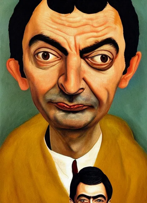 Image similar to Portrait of Mr. Bean by Frida Kahlo, oil on canvas