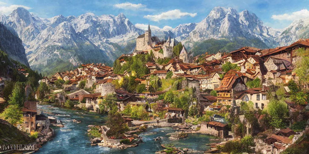 Image similar to view of medieval walled city nestled in a mountain with small river flowing through center, large castle high up in a mountain peak in the background, alpine architecture, half - timbered, chalet, soft colors, cozy, very beautiful, intricate, majestic, concept art, artgerm, james gurney, trending on art station