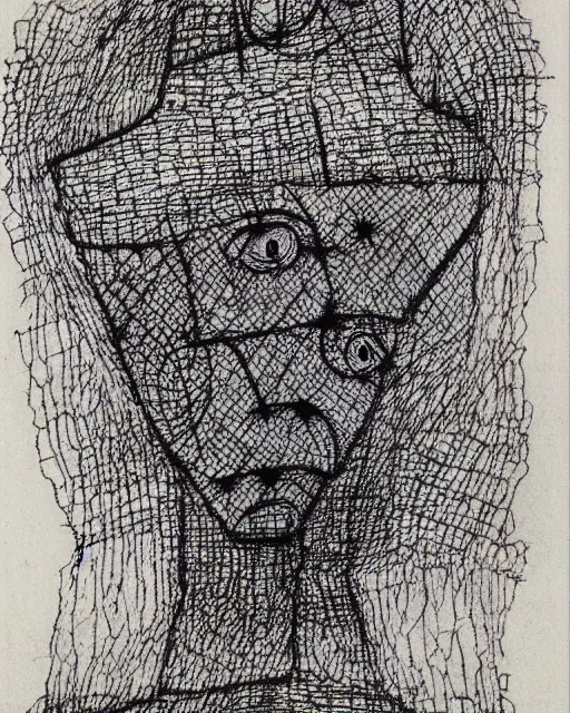 Image similar to portrait of a demon. Line drawing by Paul Klee. Pen and ink by Dali.