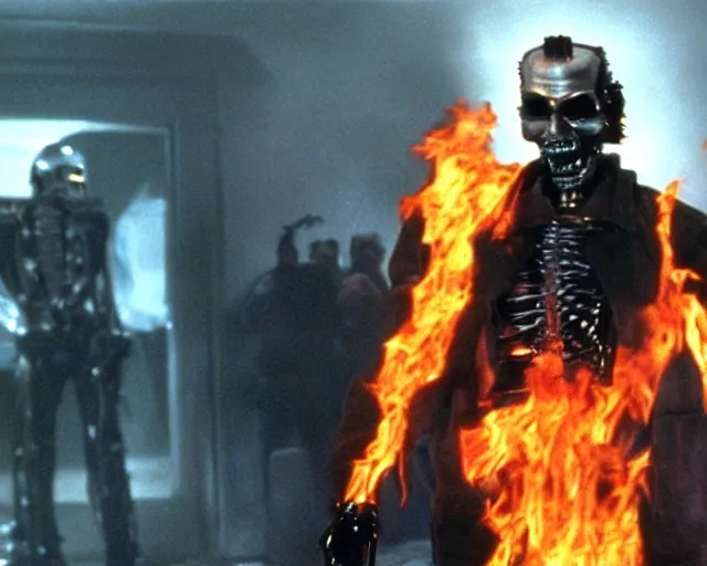 Image similar to Jack Nicholson plays Terminator wearing leather jacket and his endoskeleton is visible his eye glows red, walking out of flames