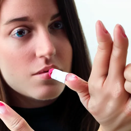 Prompt: very accurate photo, very coherent image, hyper realistic photo of a female hand, open palm, holding an cigarette between index and middle finger