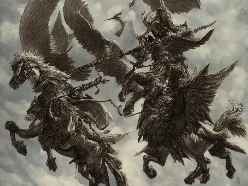 Image similar to valkyrie on white pegasus, epic scene, style of brom, highly detailed