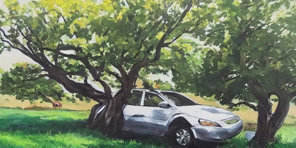 Image similar to painting of a tree fused with a car