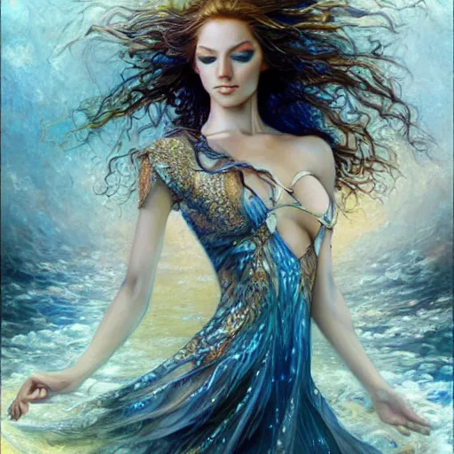 Image similar to a beautiful dancer manipulating water by karol bak, ayami kojima, artgerm, river, water, blue eyes, smile, concept art, fantasy