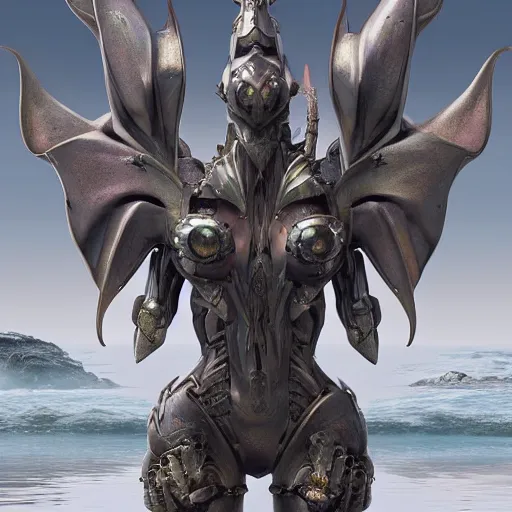 Image similar to a highly detailed beautiful anthropomorphic robot female dragon with smooth and streamlined armor, standing and posing elegantly, showing a well detailed head, with sharp claws on her hands and feet, two arms, two legs, long tail, on the beach, artstation, DeviantArt, professional, octane render