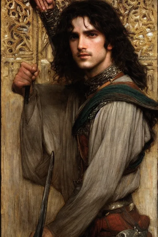 Image similar to attractive male, the lord of the rings, orientalist intricate portrait by john william waterhouse and edwin longsden long and theodore ralli and nasreddine dinet, hyper realism, dramatic lighting