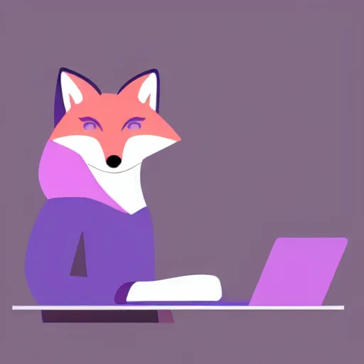 Image similar to A light pink fox with purple hair sits at a desk typing on a laptop with a cup of coffee, digital furry art, furry fandom