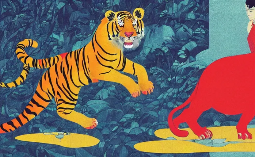 Image similar to a red delorean and a yellow tiger, colourful magazine collage, art by hsiao - ron cheng and utagawa kunisada