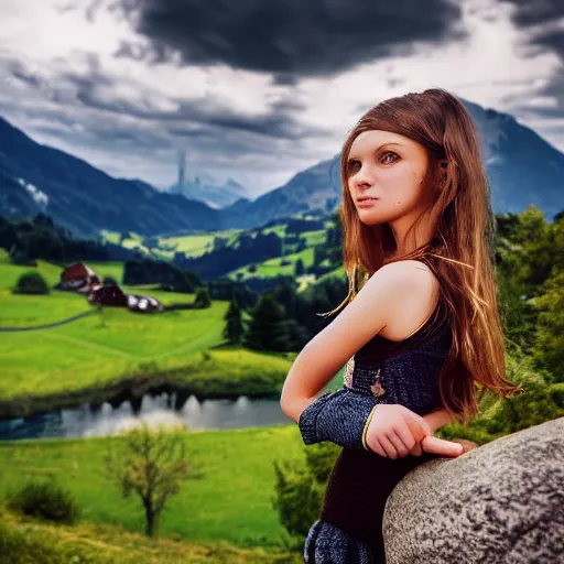 Image similar to a beautiful photograph of a girl with switzerland landscape in the background with trees, hdr, 8 k, high quality, sharp focus, artstation, highly detailed, award - winning, dramatic lighting, beautiful clouds, and nature