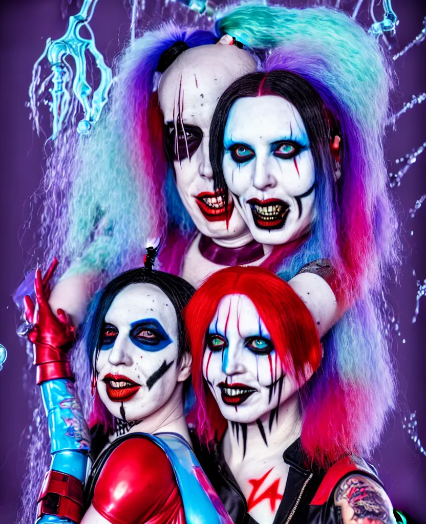 Prompt: Marilyn Manson and Ziggy Ramirez as Harley Quin (The Suicide Squad), epic angle and pose, symmetrical artwork, 3d with depth of field, blurred background, cybernetic jellyfish female face skull phoenix bird, translucent, nautilus, energy flows of water and fire. a highly detailed epic cinematic concept art CG render. made in Maya, Blender and Photoshop, octane render, excellent composition, cinematic dystopian brutalist atmosphere, dynamic dramatic cinematic lighting, aesthetic, very inspirational, arthouse. y Greg Rutkowski, Ilya Kuvshinov, WLOP, Stanley Artgerm Lau, Ruan Jia and Fenghua Zhong