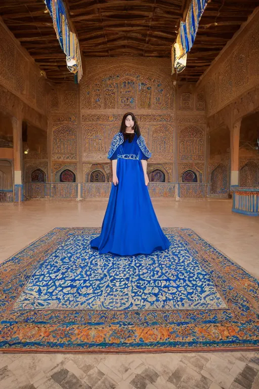 Prompt: a photo of a beautiful young Persian princess wearing a traditional blue dress, standing in a large empty hall, lit from above with vaulted ceilings and high windows. Photorealistic.