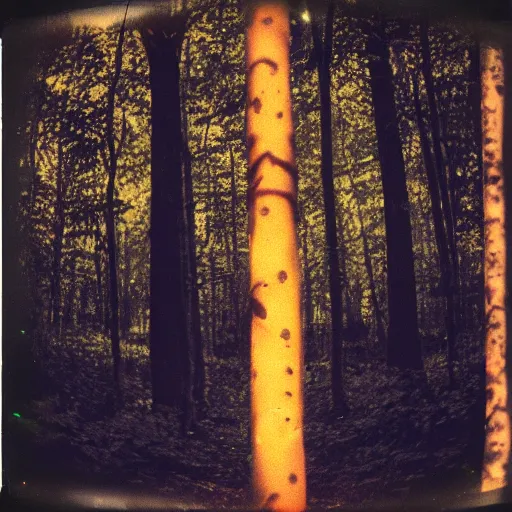 Image similar to glowing symbols on a tree in a forest clearing at night, old polaroid, expired film, blurry, lost footage, found footage, creepy,
