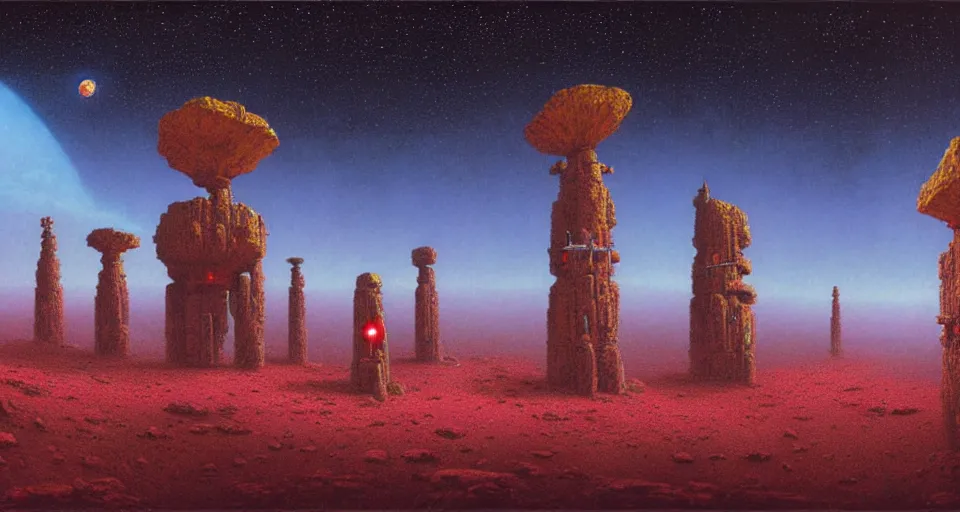 Prompt: small robot shrines connected to the side of an underground rockwall, underneath a star filled night sky, harold newton, zdzislaw beksinski, donato giancola, warm coloured, gigantic pillars and flowers, maschinen krieger, beeple, star trek, star wars, ilm, atmospheric perspective