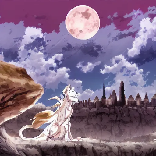Image similar to Anime style, desert at night filled with beasts, tall white tower in the background, HD,