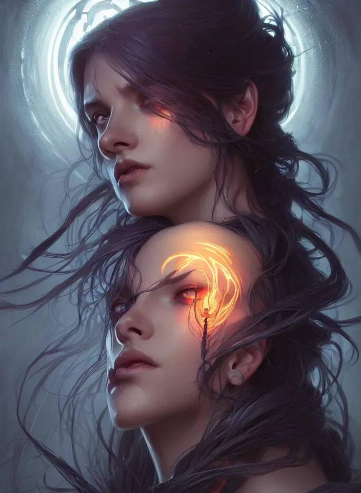 Image similar to Necromancer Sorceress face in center, fantasy magic, undercut hairstyle, dark light night, intricate, elegant, sharp focus, illustration, highly detailed, digital painting, concept art, matte, art by WLOP and Artgerm and Greg Rutkowski and Alphonse Mucha, masterpiece