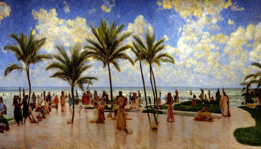 Image similar to a ultradetailed beautiful painting of the thunderstorm sky of the amazonas palace balustrade designed by jules bastien - lepage, tarsila do amaral, frank weston and gustave baumann, beach, trending on artstation, mediterranean, palm trees, sharp focus, colorful refracted sparkles and lines, soft light, 8 k 4 k