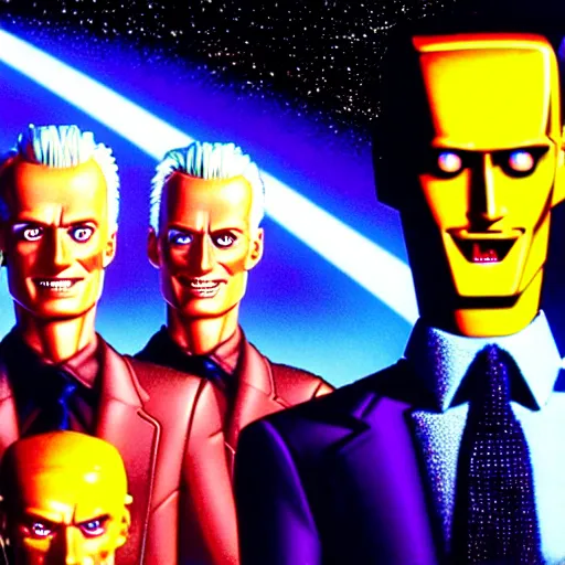 Prompt: uhd hyperrealistic photorealisitc detailed image of cosmic max headroom with sparking, busted, broken cybernetic implants, correct face, matt frewer as max headroom by ayami kojima, akira toriyama, and shonen jump.
