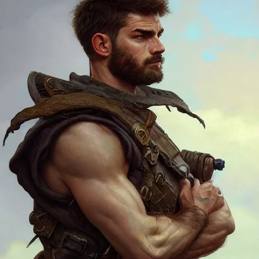 Image similar to portrait of a rugged ranger, handsome, upper body, muscular, 20 years old, D&D, fantasy, intricate, elegant, highly detailed, digital painting, artstation, concept art, matte, sharp focus, illustration, art by Artgerm and Greg Rutkowski and Alphonse Mucha