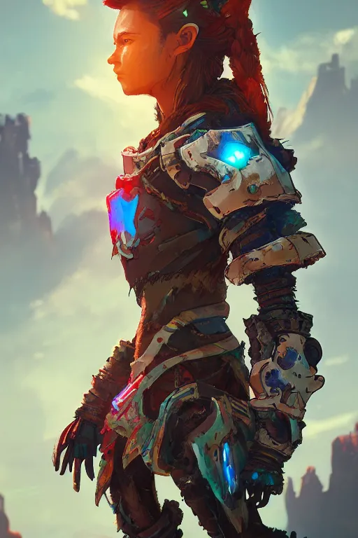 Image similar to combination suit armor aloy horizon forbidden west horizon zero dawn radiating a glowing aura global illumination ray tracing hdr fanart arstation by ian pesty and alena aenami artworks in 4 k tribal robot ninja mask helmet backpack