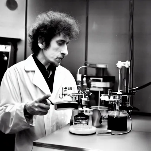 Prompt: Bob Dylan mixing up the medicine in a laboratory, focus on face, beaker and centrifuge in foreground