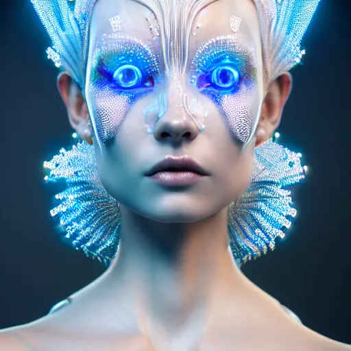 Prompt: portrait of an absurdly beautiful, graceful, sophisticated, fashionable cyberpunk mechanoid gravure idol, hyperdetailed illustration by irakli nadar, matt wisniewski style, intricate linework, white porcelain skin, iridescent fractal headdress, day - glow facepaint, unreal engine 5 highly rendered, global illumination, blue light, detailed and intricate environment