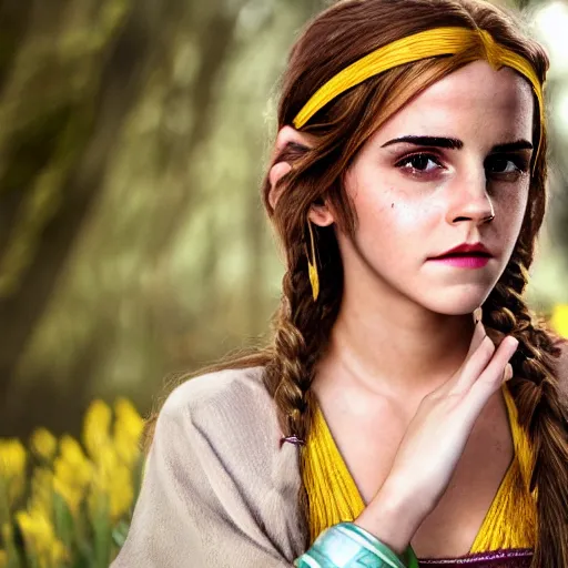 Image similar to Emma Watson modeling as Malon from Zelda, (EOS 5DS R, ISO100, f/8, 1/125, 84mm, postprocessed, crisp face, facial features)
