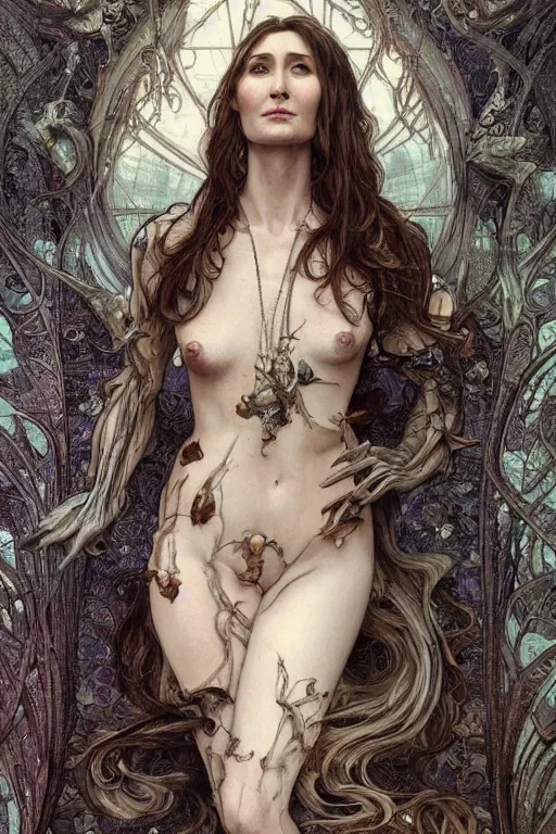 Image similar to carice van houten, anatomy, cute, fantasy, intricate, elegant, highly detailed, digital painting, 4 k, hdr, concept art, smooth, sharp focus, illustration, art by h r giger and alphonse mucha