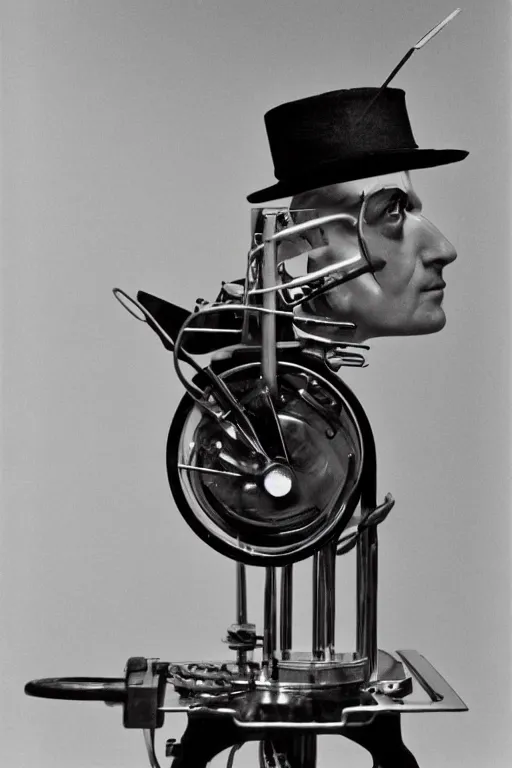 Image similar to a close-up portrait of Marcel Duchamp machine in the style of Hito Steyerl and Shinya Tsukamoto and Irving Penn and Robert Frank