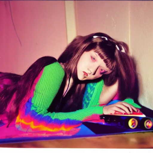 Prompt: rocker goth teen girl laying on the floor, writing on journal. 1970s colorful psychedelic bedroom. Trippy. Realistic. Photographic.