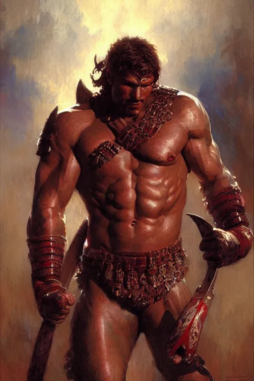 Image similar to Male, muscular warrior fighting devil, detailed face, correct face, painting by Gaston Bussiere, Craig Mullins