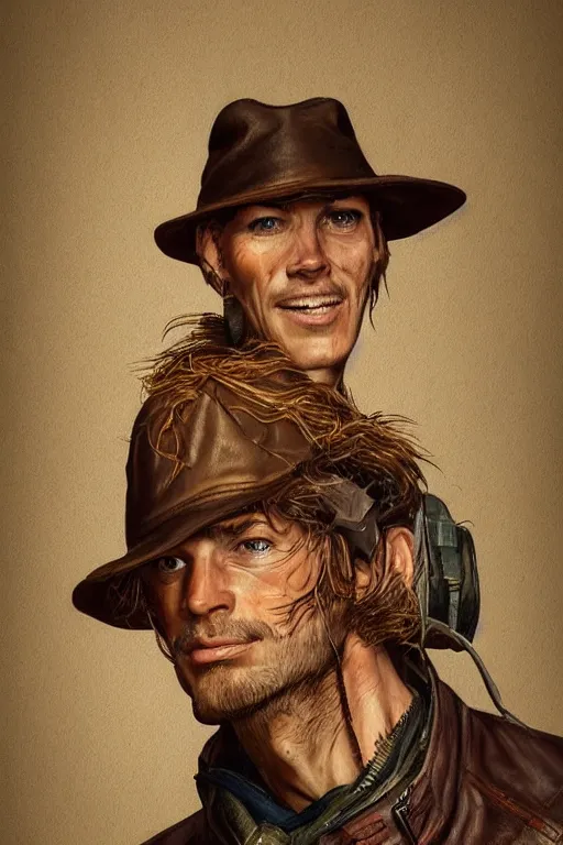 Prompt: headshot portrait of a gaunt 40's adventurer, unshaven, optimistic, stained dirty clothing, straw hat, riding boots, red t-shirt, dusty rown bomber leather jacket, concept art, photorealistic, hyperdetailed, 3d rendering! , art by Leyendecker and frazetta!,