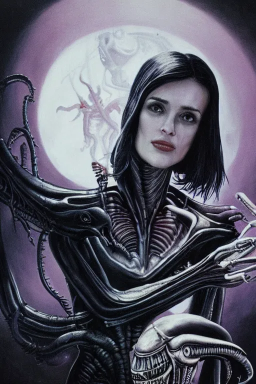 Prompt: winona ryder with xenomorph by h.r. giger, detailed, proportional, trending on art station, 4k