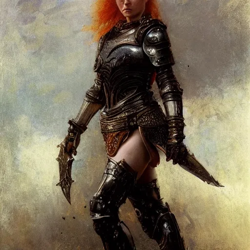 Prompt: young short redhead woman wearing black ornamented medieval armour, bare leg, detailed, by gaston bussiere, bayard wu, greg rutkowski, giger, maxim verehin, greg rutkowski, masterpiece, sharp focus, cinematic lightning