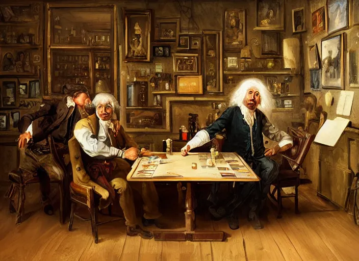 Prompt: baroque painting albert einstein with isaac newton with stephen hawkins playing poker in an old west saloon, intricate, highly detailed, centered, digital painting, artstation, concept art, smooth, sharp focus, illustration, art inspired by james gurney and greg rutkowski