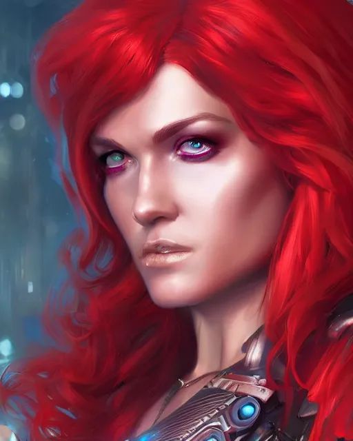 Prompt: a stunning portrait of red sonja as a cyberpunk princess, digital art, by artgerm, by ross tran, by angel ganev, closeup, highly detailed, artstationhq