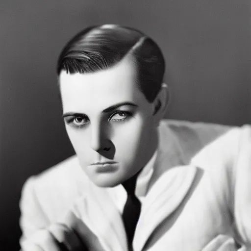 Image similar to a black and white photo of a man in a suit and tie, a colorized photo by george hurrell, dribble, vorticism, 1 9 2 0 s, studio portrait, handsome