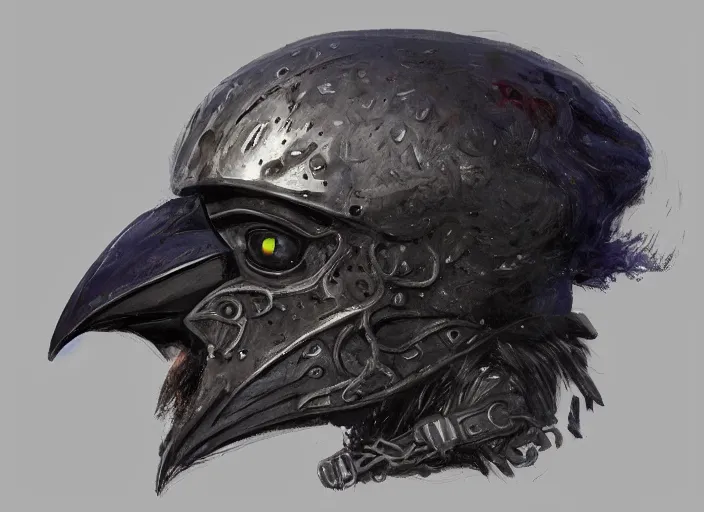 Prompt: portrait of raven themed helmet. concept art contest winner by bob ross and greg rutkowski ( 2 0 0 7 ).