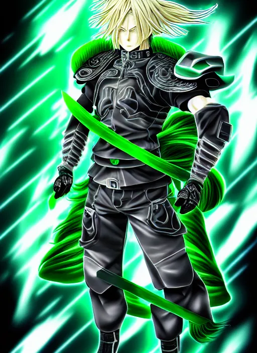 Image similar to a detailed manga full body portrait illustration of a man with long blonde hair and blue eyes wearing cyberpunk jade green battle gear by hirohiko araki, detailed artwork, realism, 4 k resolution, detailed, high quality, sharp focus, hq artwork, insane detail, volumetric lighting, character concept art, fine details, clear subject, central subject