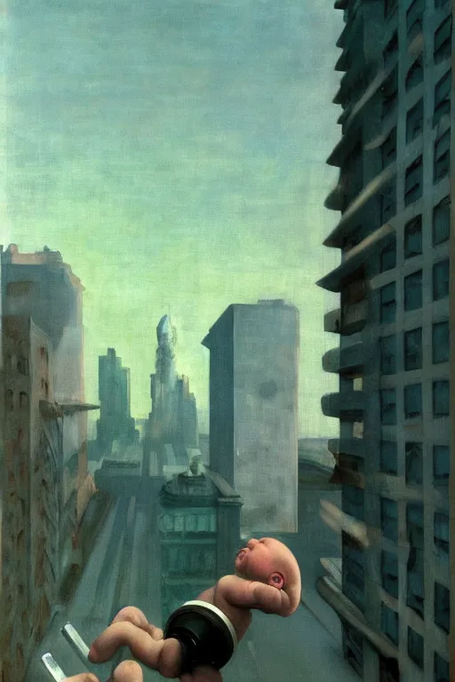 Image similar to evil human giant baby with a robot arm in a diaper is taller than office buildings, goes destroying buildings under his feet, hauntingly surreal, highly detailed painting by francis bacon, edward hopper, adrian ghenie, gerhard richter, and james jean soft light 4 k,