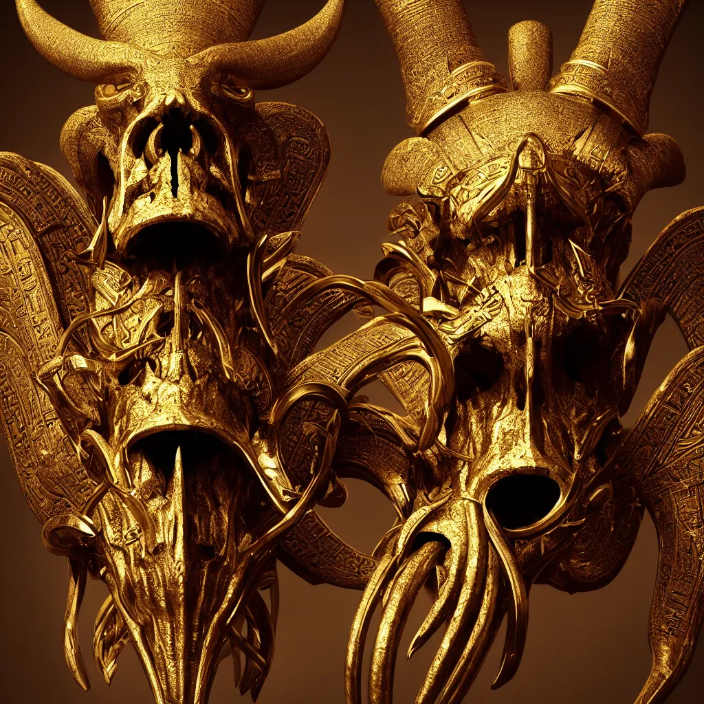 Image similar to Photorealistic epic egyptian god face portrait ram skull, jackal skull, gold. ominous, ancient magic, intricate artwork by Tooth Wu and beeple and Jake Baddeley. octane render, trending on artstation, greg rutkowski very coherent symmetrical artwork. cinematic, hyper realism, high detail, octane render, 8k