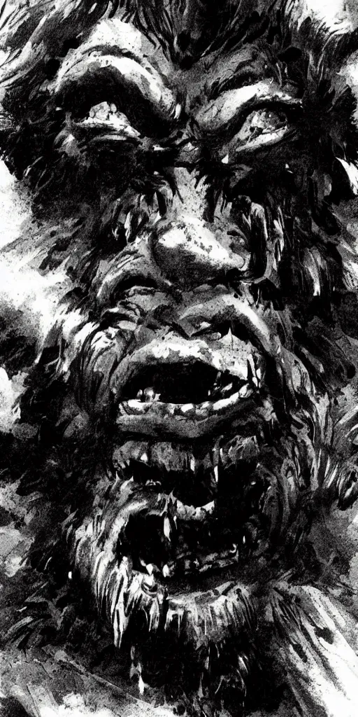 Prompt: extreme close up portrait of an ogre troll berserker inside a cave kvlt by peder balke by peder balke by greg rutkowski, by guido crepax by norman bluhm mystic high contrast monochromatic noir