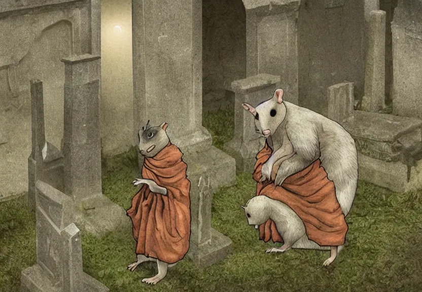 Image similar to a monk possum at a medieval cemetery at night, highly detailed, digital art, isometric
