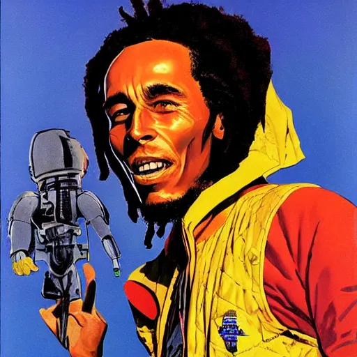 Image similar to scifi Bob Marley by Robert McGinnis, pulp comic style, circa 1958, photorealism