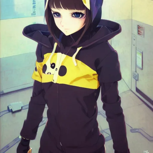 Image similar to a beautiful anime cyborg - girl with yellow eyes wearing a cat hoodie, wlop, ilya kuvshinov, artgerm, krenz cushart, greg rutkowski, hiroaki samura, range murata, james jean, katsuhiro otomo, erik jones, serov, surikov, vasnetsov, repin, kramskoi