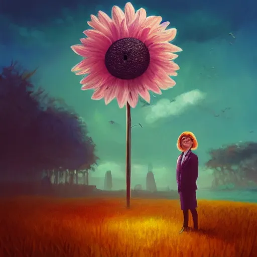 Prompt: giant daisy flower as a head, frontal, a girl in a suit, surreal photography, sunrise, dramatic light, impressionist painting, digital painting, artstation, simon stalenhag